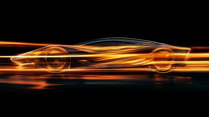 hypercar light art, flowing energy streams, dark vehicle silhouette, golden hour motion capture, speed blur photography, futuristic transport aesthetic, dynamic light trails