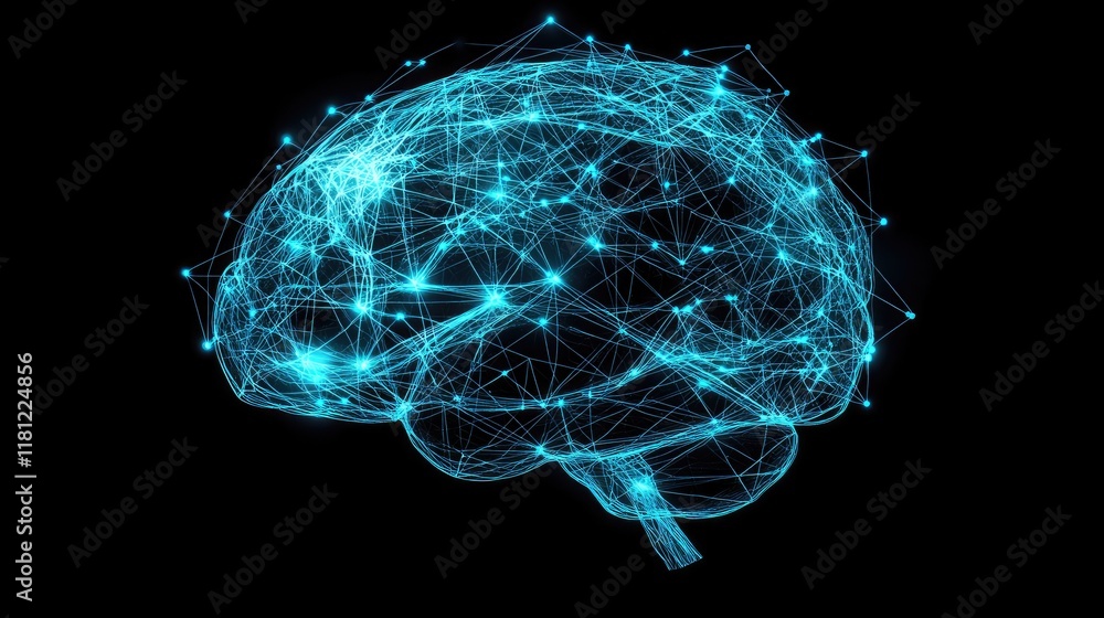Poster a conceptual model of artificial intelligence represented by glowing neural pathways. copy space.