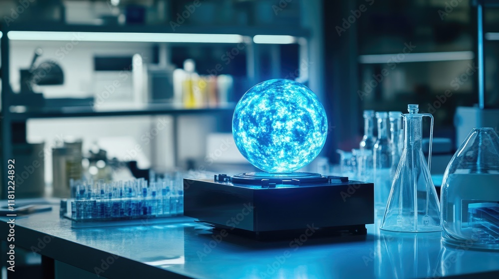 Poster a concept model of a space probe glowing in a futuristic lab setting. copy space.