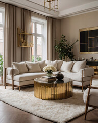 Obraz premium Spacious and luxurious living room with golden furniture abstract painting neutral sofa and large windows filling the room with light Contemporary Interior Design Livingroom Inspiration
