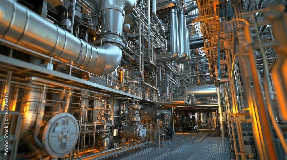 Poster a digital rendering of ai networks influencing industrial engineering systems, with data flows and m