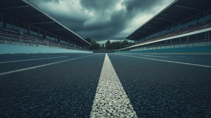 detailed starting grid marking lines, dark tarmac textures, professional sports venue photography, symmetrical parallel lines vanishing point, modernist grandstand structure, overcast dramatic sky,