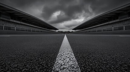 detailed starting grid marking lines, dark tarmac textures, professional sports venue photography, symmetrical parallel lines vanishing point, modernist grandstand structure, overcast dramatic sky,