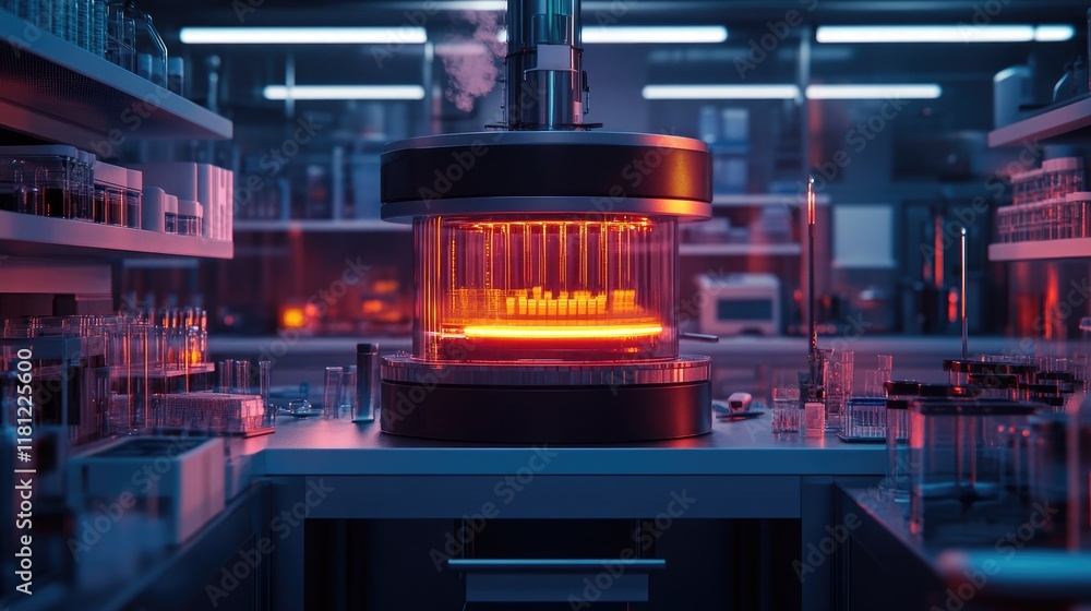Poster a futuristic centrifuge glowing with led lights, placed in a clean and minimalistic laboratory setti