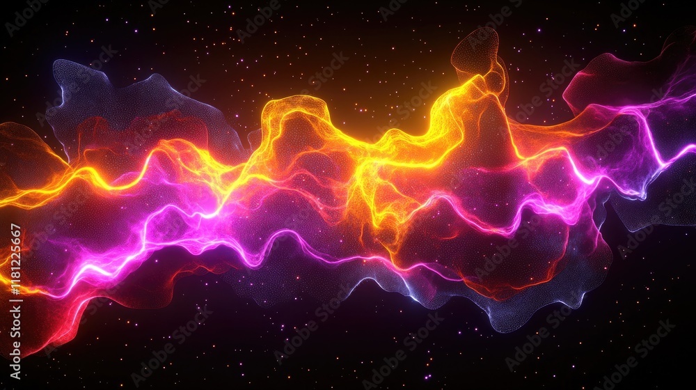 Fototapete A futuristic depiction of floating glowing grids merging with colorful data streams. Copy space.