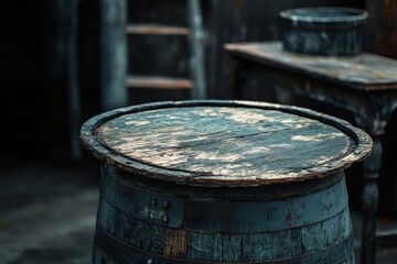Old wooden barrel, rustic interior, display, storage, tavern