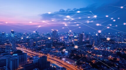 Fototapeta premium A futuristic cityscape featuring smart infrastructure, with glowing data lines and advanced technology integrated into buildings and streets.