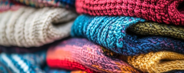 Stack of colorful knitted sweaters. (1)