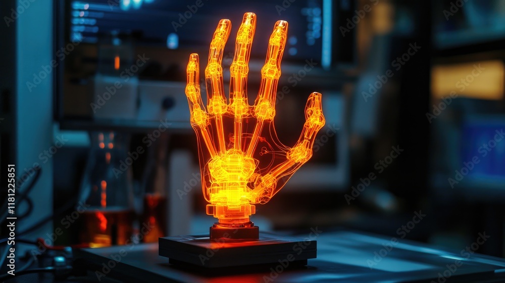 Poster a glowing exoskeleton hand model displayed in a cutting-edge tech lab. copy space.