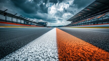 motorsport track driver perspective, detailed tarmac textures, long exposure racing lines, professional circuit photography, glass steel grandstand design, dramatic cloudscape, wide format