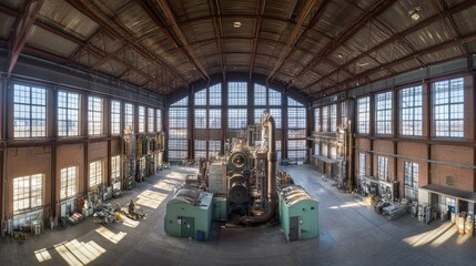 A panoramic view of an industrial engineering facility with high ceilings and complex machinery.