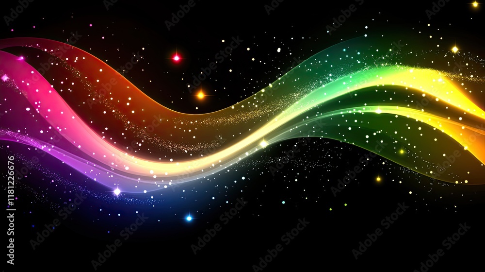 Wall mural A vibrant digital aurora effect with intertwining colorful light waves and abstract particles. Copy space.