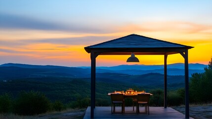 romantic sunset dinner gazebo mountain view - golden hour photography