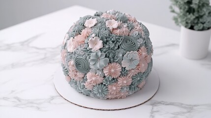 A beautifully decorated cake adorned with pastel-colored flowers and intricate designs.