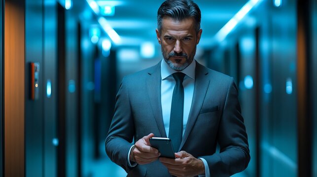 Businessman using smartphone in corridor