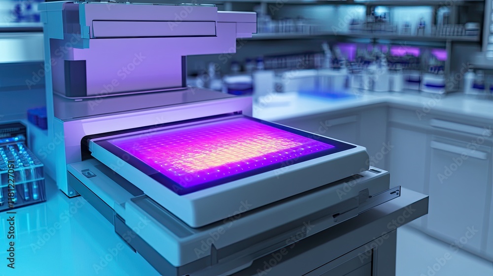 Poster close-up of a spectrometer displaying glowing data in a clean and organized laboratory. copy space.