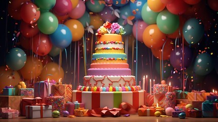 Naklejka premium A birthday cake shaped like a rainbow, surrounded by gifts and streamers.