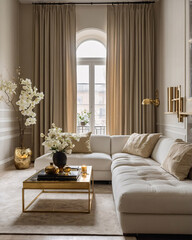 Fototapeta premium Contemporary home with golden furniture abstract painting neutral sofa and large windows bringing the outdoors in Contemporary Interior Design Livingroom Inspiration