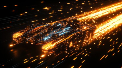 luminous racing machine, phoenix orange energy flow, azure light accents, golden spark particles, deep black backdrop, cyber aesthetic design, dynamic light trails, neon night photography