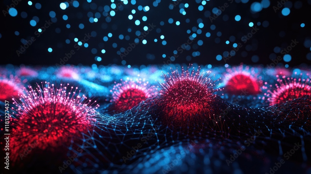 Poster detailed d rendering of glowing virus particles with spiky protein structures on a dark background. 