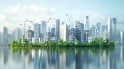 Fototapeta premium Futuristic cityscape with wind turbines and solar panels symbolizing green energy surrounded by skyscrapers reflecting ESG and sustainable industry values on a clean minimalistic background