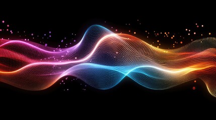 Digital artistic depiction of abstract flowing binary streams merging into colorful waves. Copy space.