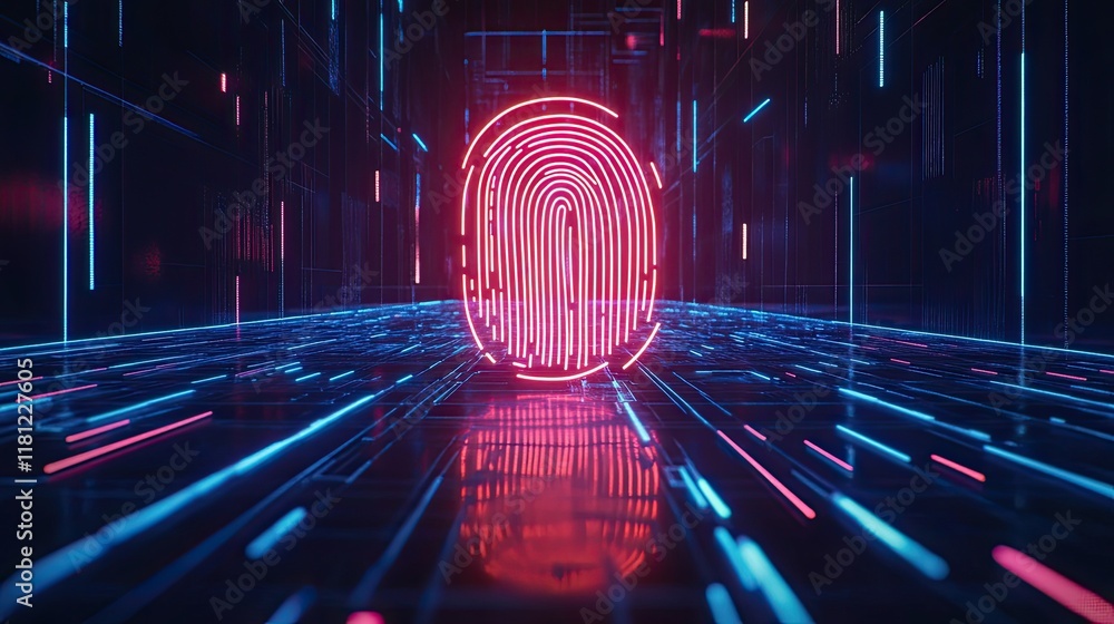 Poster digital fingerprint glowing with neon light against a high-tech dark grid background. copy space.