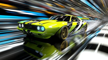 competitive finish line shot, cobalt racing machines, lime green challenger, pearl white flag pattern, brass accent details, speed blur effect, onyx background, polished racing elements