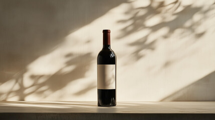 Elegant Red Wine Bottle with Label, Soft Window Light Casting Shadow, Minimalistic Modern Interior Design