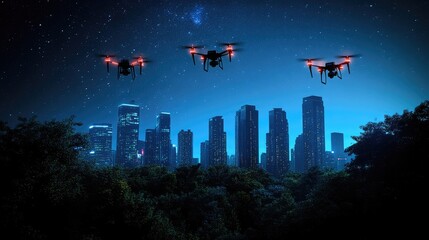 Futuristic city skyline with glowing skyscrapers and hovering drones under a starry night sky. Copy space.
