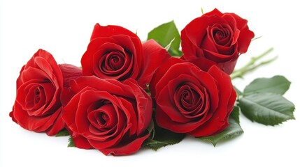 cluster of vibrant red roses lies gracefully on white background, showcasing their lush petals and green leaves. rich color and natural beauty evoke sense of romance and elegance