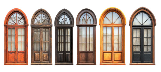 Obraz premium A collection of rustic wooden windows with arched frames in various styles and shapes, featuring a vintage aesthetic