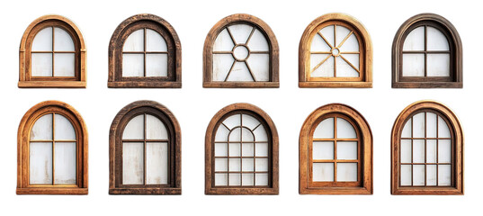 A collection of rustic wooden windows with arched frames in various styles and shapes, featuring a vintage aesthetic