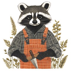 A raccoon character in overalls holding a knife.