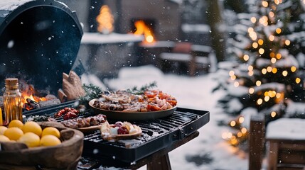 Winter BBQ Feast Under Snow with Christmas Lights