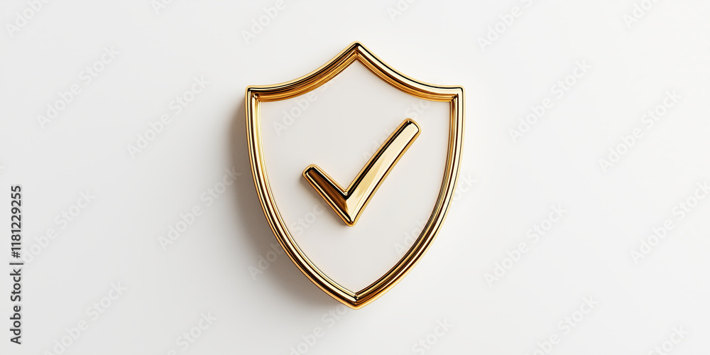 Poster golden shield icon with checkmark symbolizing security and trust
