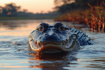 Obraz premium A dramatic moment of a crocodile lying low in the river, highlighting its stealth and power in the natural habitat of the river environment.