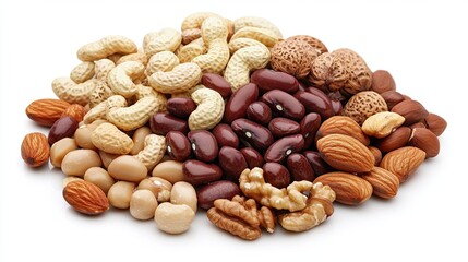 Obraz premium A colorful assortment of various nuts and beans, featuring almonds, peanuts, and kidney beans, arranged attractively on a white background.