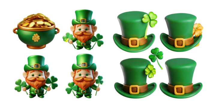 Festive Leprechaun Icons and Lucky Charms, PNG collection, set bundle, isolate on transparent or white background