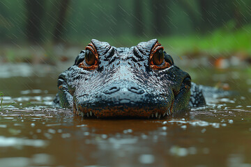 Obraz premium A dramatic moment of a crocodile lying low in the river, highlighting its stealth and power in the natural habitat of the river environment.