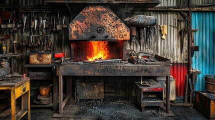 A rustic forge with a glowing fire and tools for metalworking.