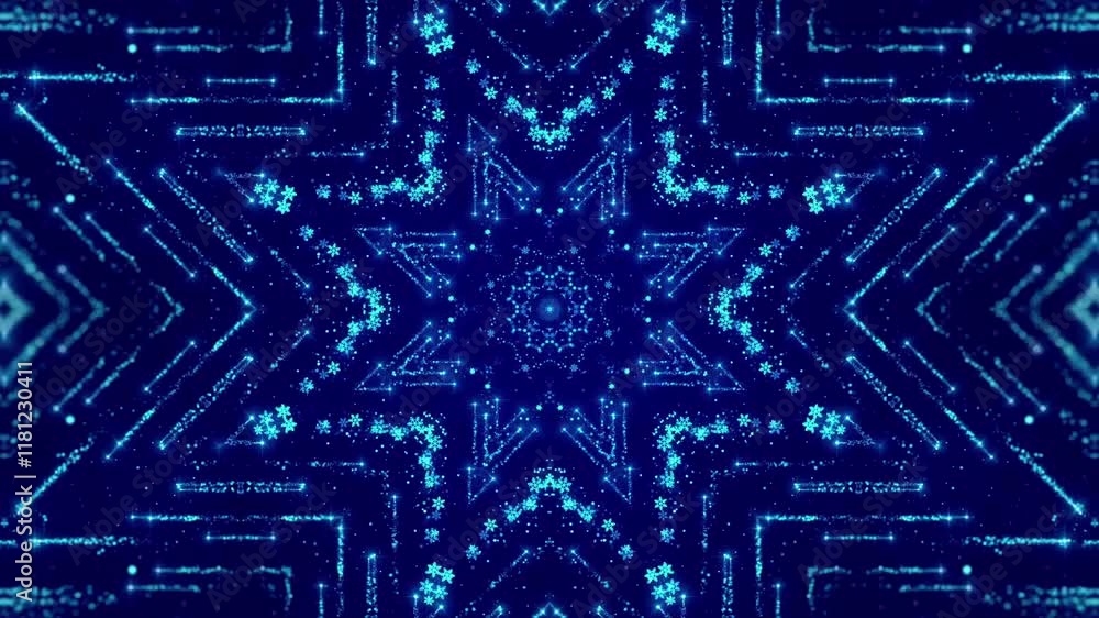 Poster animated geometric mandala pattern with pulsating blue light