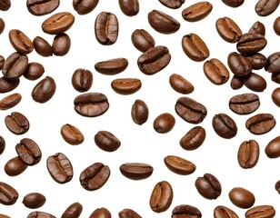 Dark brown roasted coffee beans isolated on white background