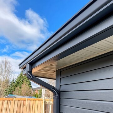 Modern Home Exterior Dark Grey Siding Rain Gutter System Cloudy Sky