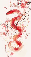 Obraz premium Happy Chinese New Year 2025,Year of the snake zodiac sign,Snake illustration and design,Asian elements gold paper cut style,Lunar new year concept,New Year card 2025.