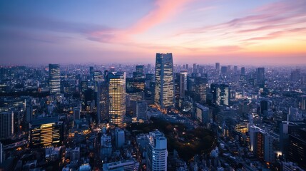 Fototapeta premium Tokyo cityscape at dusk with illuminated skyscrapers and vibrant sunset sky