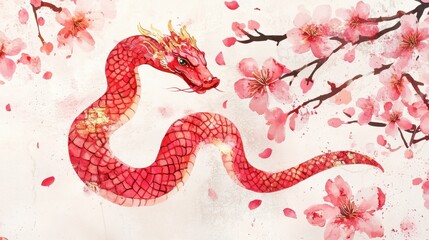 Obraz premium Happy Chinese New Year 2025,Year of the snake zodiac sign,Snake illustration and design,Asian elements gold paper cut style,Lunar new year concept,New Year card 2025.