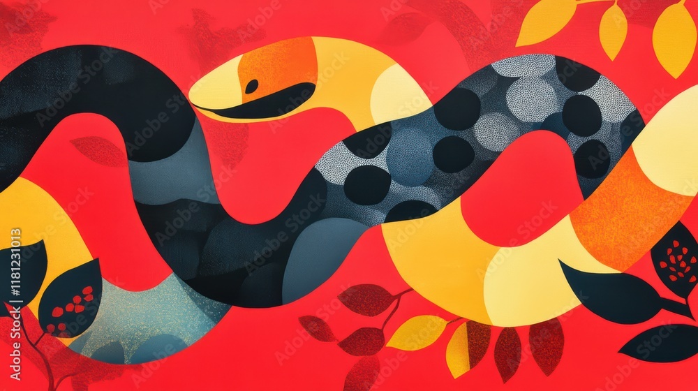 Poster vibrant abstract snake artwork with bold colors and patterns on red background