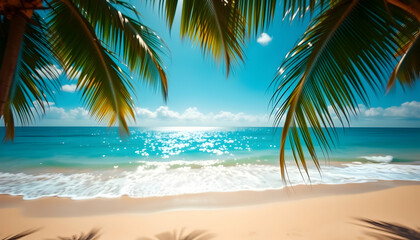 Tropical paradise beach, crystal clear turquoise water, golden sand, palm trees framing the view, warm sunlight filtering through palm fronds, vibrant colors, serene atmosphere, idyllic island scenery