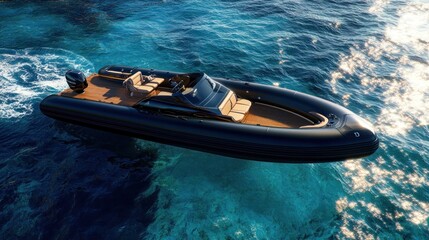 Black luxury inflatable RIB boat speeding on turquoise water.